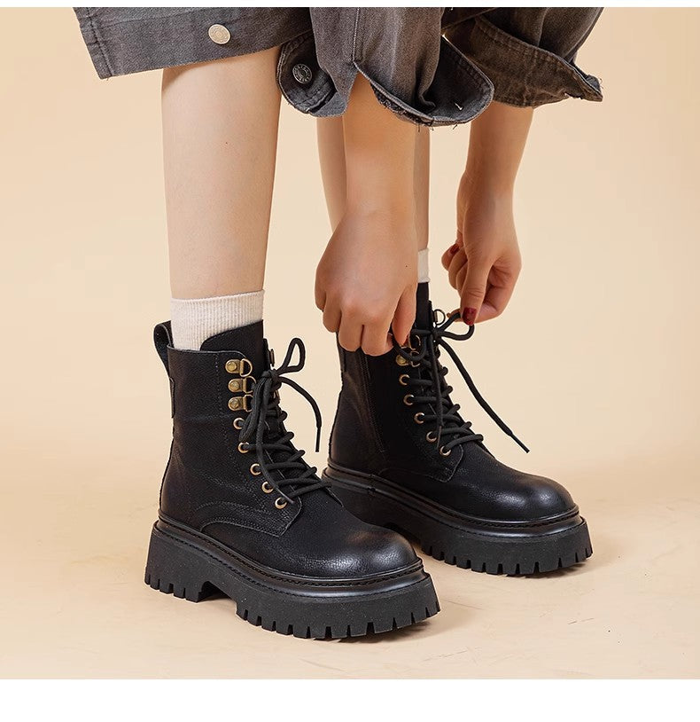Women's Retro Chunky Heel Mid-Calf Martin Boots – Side Zipper FitiqueFit