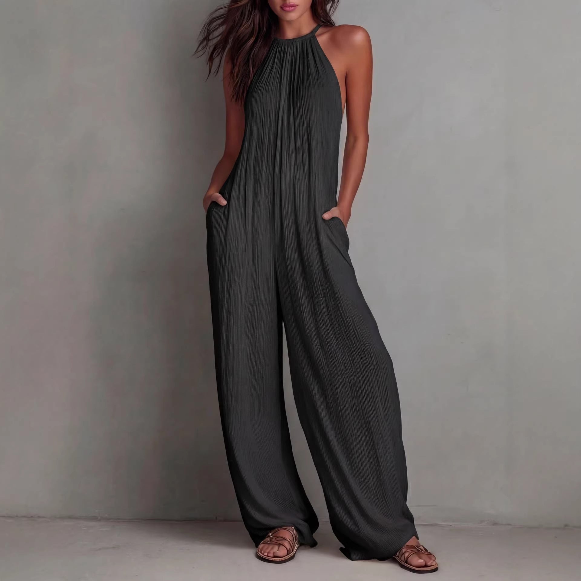 Women's Sleeveless Open-Back Wide-Leg Pleated Jumpsuit FitiqueFit
