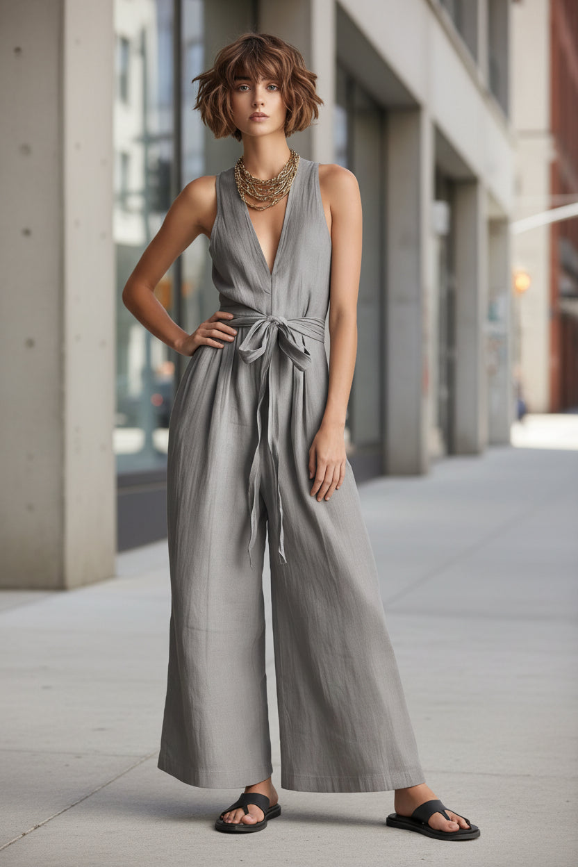 Women's Elegant V-Neck Sleeveless Commuter Jumpsuit FitiqueFit