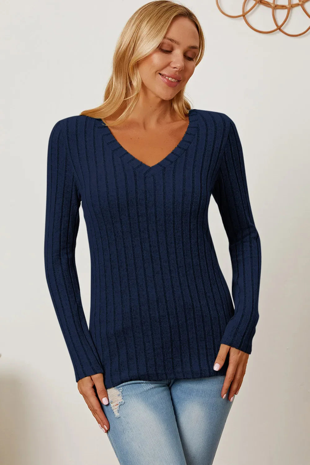 Basic Bae Full Size Ribbed V-Neck Long Sleeve T-Shirt New Era Fashion LLc