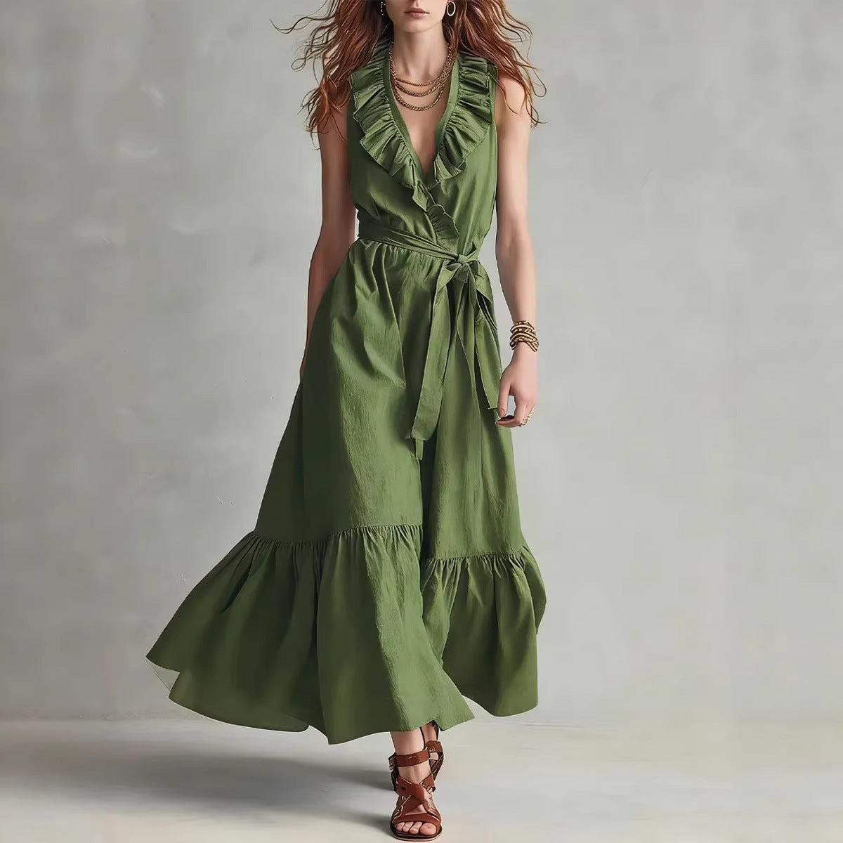 Women's V-Neck Sleeveless Lace-Up Panelled Maxi Dress – Wide Flare FitiqueFit