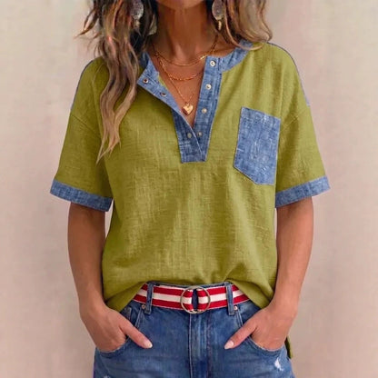 Women's Casual Loose-Fit Color-Block Patchwork Short-Sleeve Top FitiqueFit
