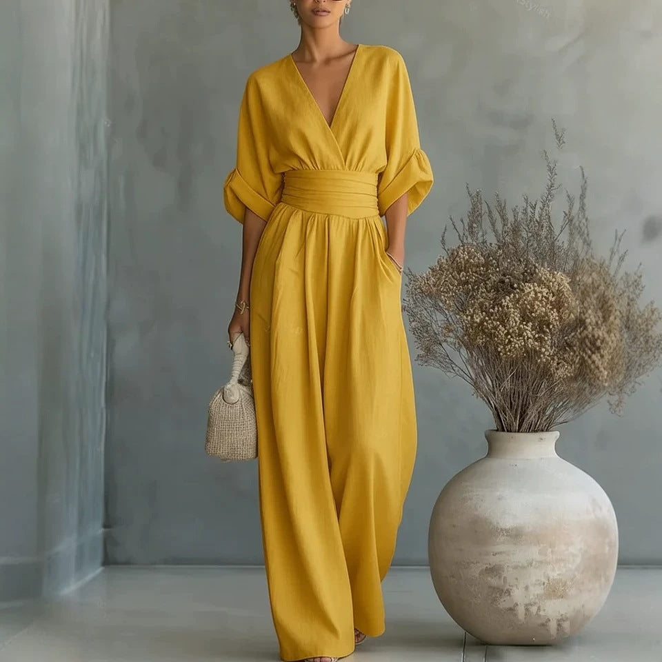Women's V-Neck Wide-Leg Jumpsuit – High Waist Pleated Elegant 11 Colors S–5XL FitiqueFit
