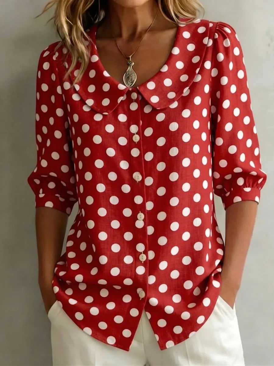 Women's Retro Polka Dot Three-Quarter Sleeve Loose Cardigan Shirt FitiqueFit