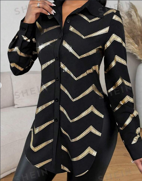 Lyxana Open Placket Foil Print Random Cut Shoulder Long Sleeve Cinched Waist Blouse Women Shirt New Era Fashion LLc