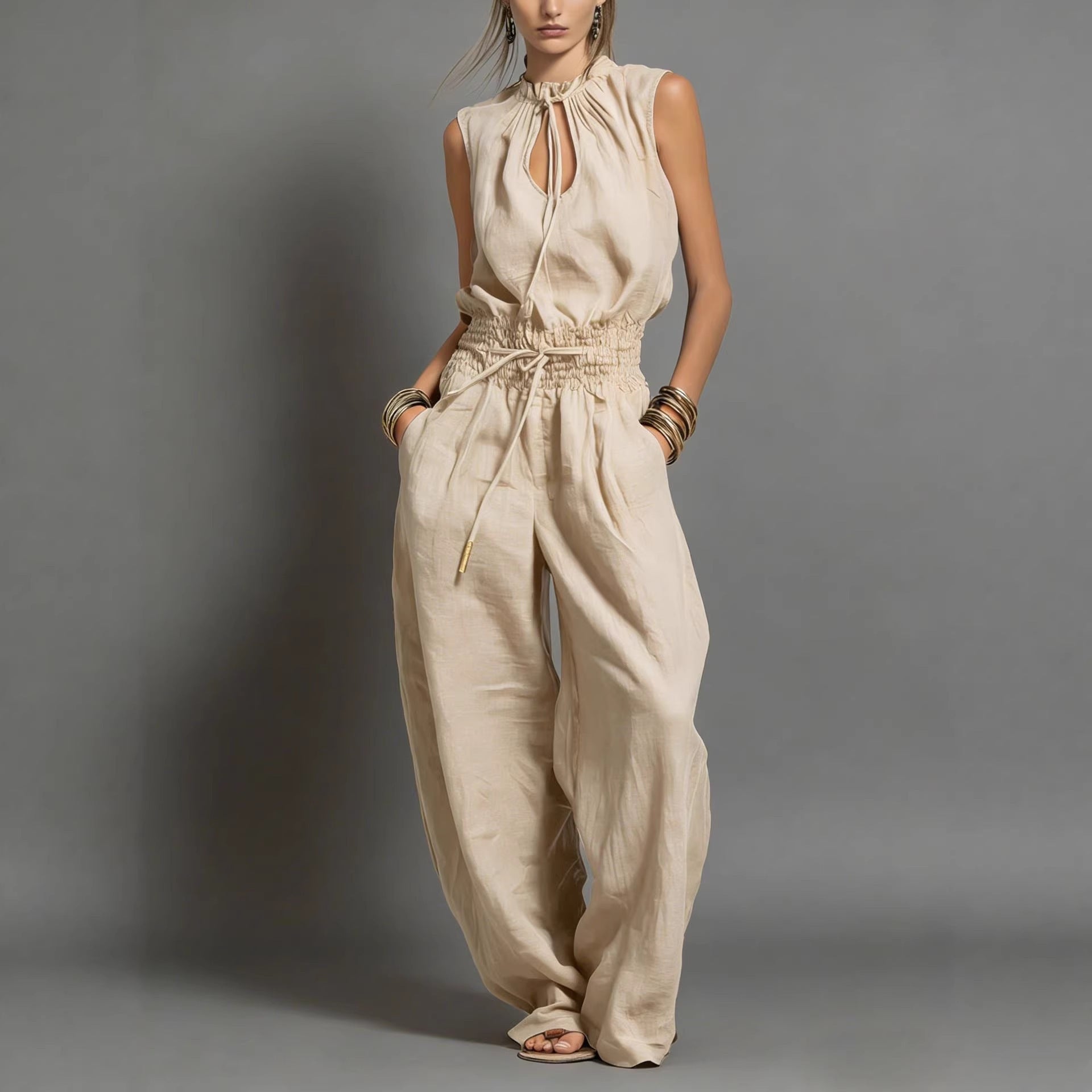Women's Sleeveless High-Waist Wide-Leg Pleated Jumpsuit FitiqueFit