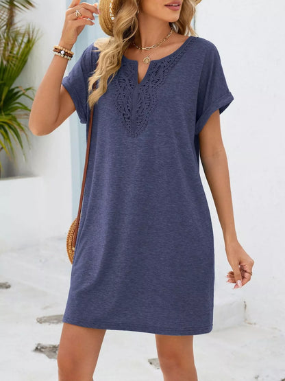 Lace Trim Notched Short Sleeve Dress New Era Fashion LLc
