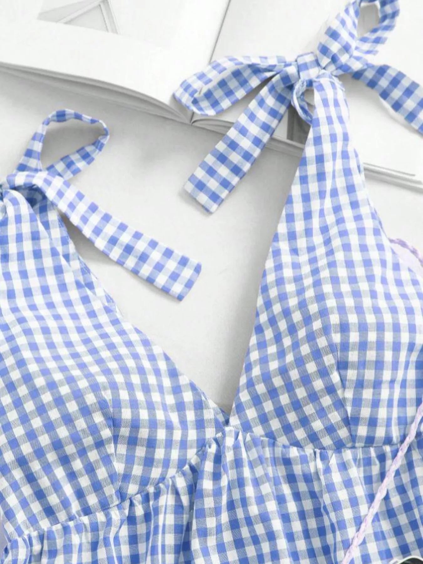 Gingham Tie-Shoulder Ruffle Hem Mini Dress New Era Fashion LLc