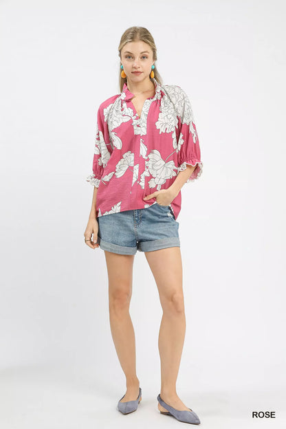 Umgee Peony Illustration Print Flounce Sleeve Blouse FitiqueFit