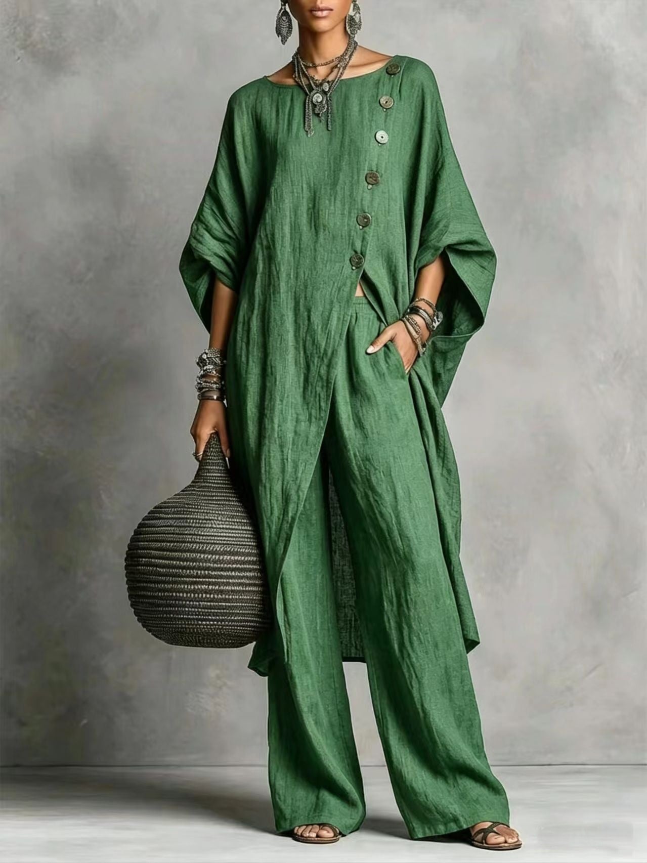 Women's Drop Shoulder Three-Quarter Sleeve Irregular Shirt & Pants Set FitiqueFit