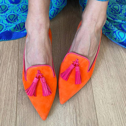 Women's Suede Pointed Toe Tassel Flats – Shallow Mouth Low Heel Casual Shoes FitiqueFit