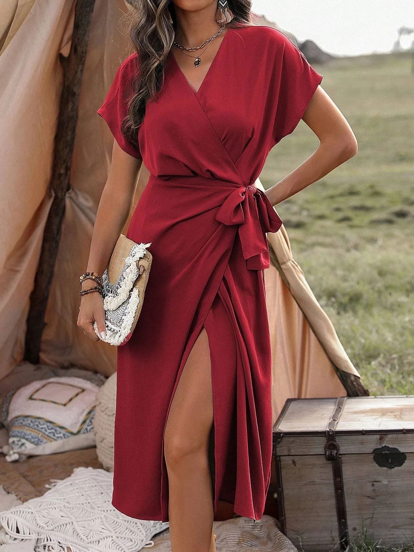 Commuting Fashion Forged Split Women's Solid Color Wrap Suspender Dress Grayceful LLC