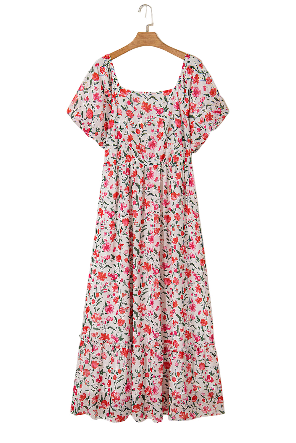 Pink Plus Size Floral Square Neck Puff Sleeve Ruffle Maxi Dress Garden Naked Curves