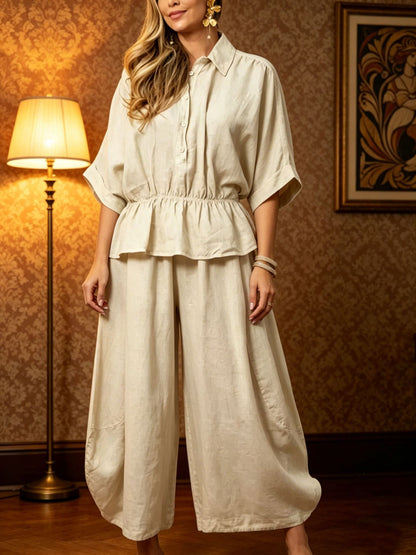 Women's Plus Size Belted Shirt & Wide-Leg Pants Two-Piece Set FitiqueFit