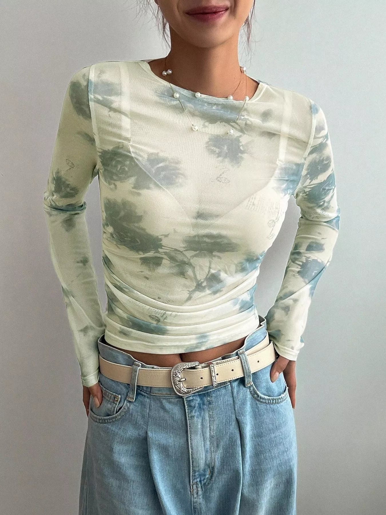 Floral Print Sheer Mesh Long Sleeve T-Shirt New Era Fashion LLc