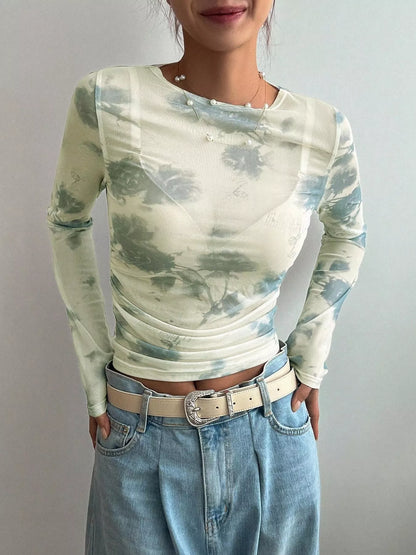 Floral Print Sheer Mesh Long Sleeve T-Shirt New Era Fashion LLc