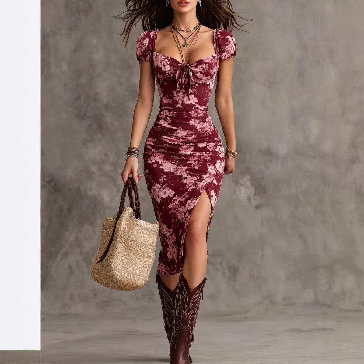 Women's Vintage Puff-Sleeve High-Waist Split Maxi Dress FitiqueFit