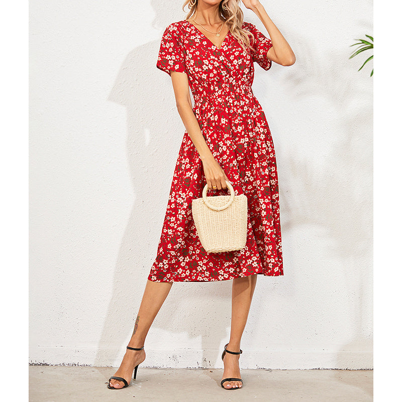 Boho V Neck Floral Print Short Sleeve Mini Dress Cute Smocked Waist Short Dress Grayceful LLC