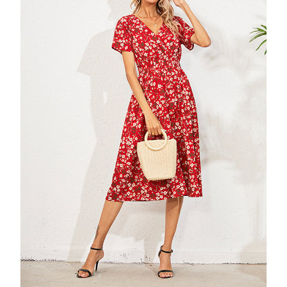 Boho V Neck Floral Print Short Sleeve Mini Dress Cute Smocked Waist Short Dress Grayceful LLC