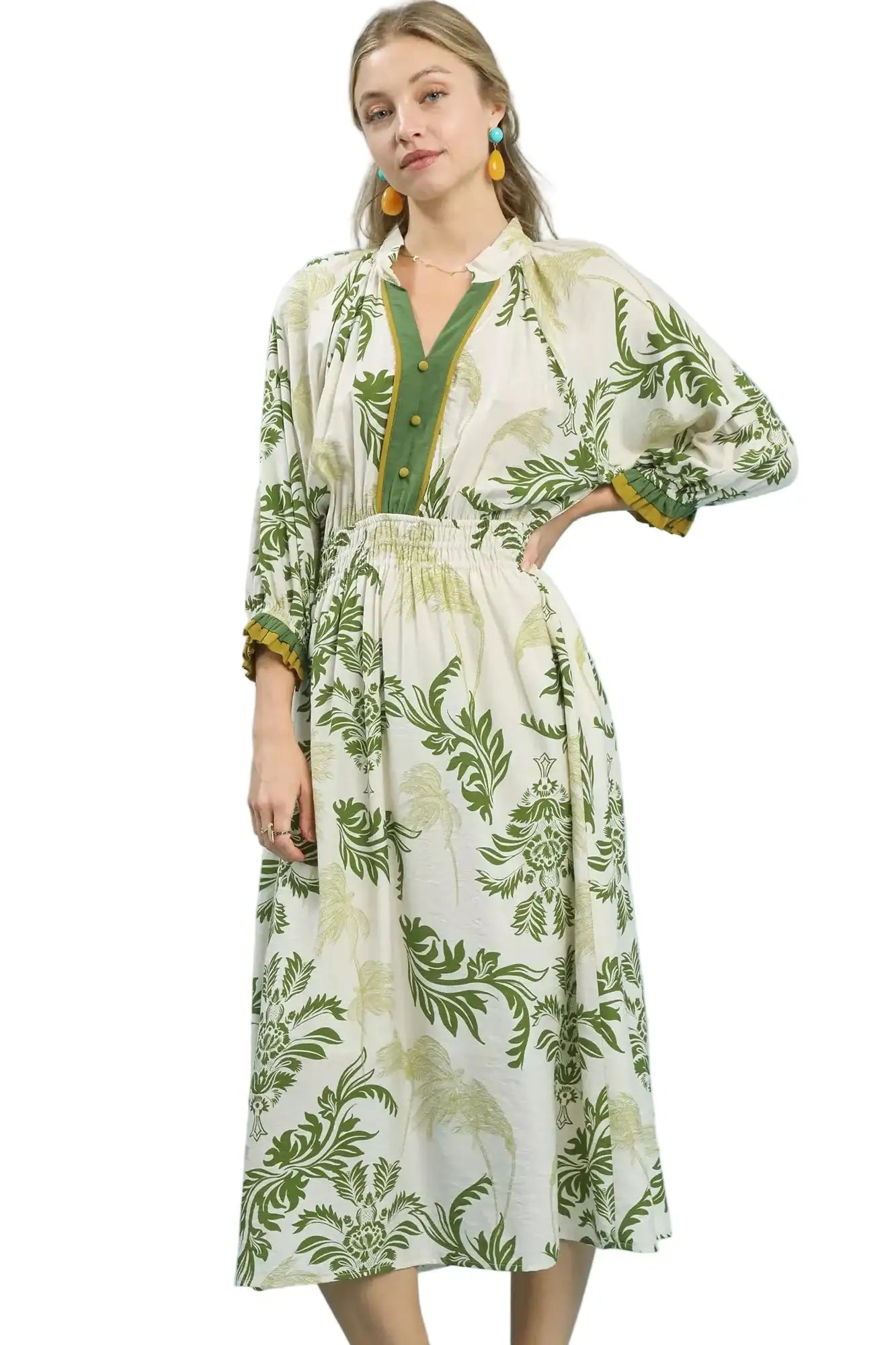 Umgee Tropical Print Button Detail Midi Dress West2East Surf