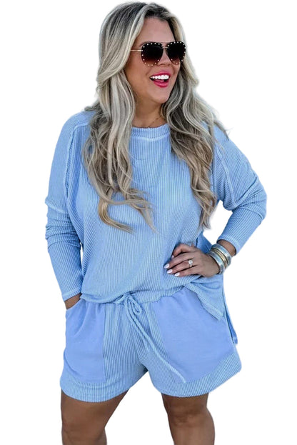 Light Blue Plus Size Ribbed Long Sleeve Top and Drawstring Shorts Set Garden Naked Curves
