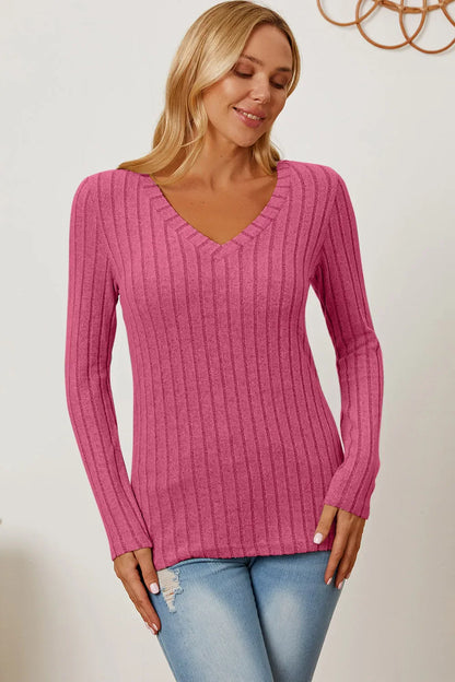 Basic Bae Full Size Ribbed V-Neck Long Sleeve T-Shirt New Era Fashion LLc