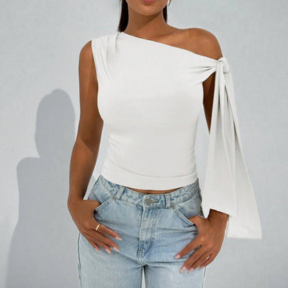 Women’s One-Shoulder Asymmetrical Tie Shoulder Top – Going Out & Party Shirt FitiqueFit