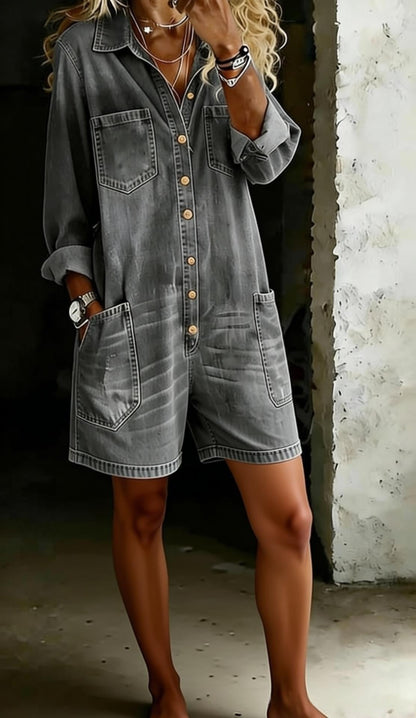 Women's Faux Denim Print Jumpsuit Shorts – Loose Fit, 3D Print, Elastic Waist FitiqueFit