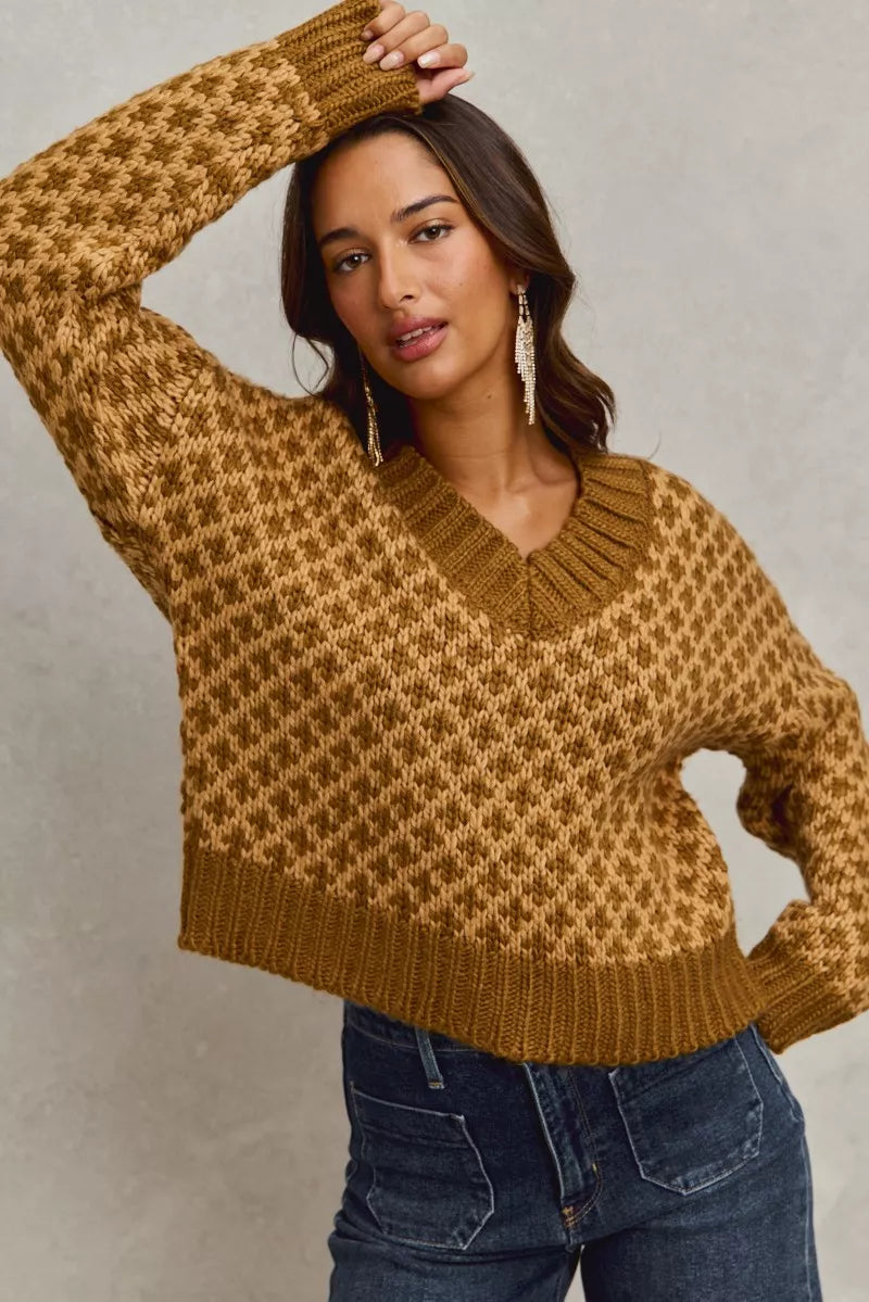 SO ME Color Block Textured Christmas Sweater V Neck Top West2East Surf