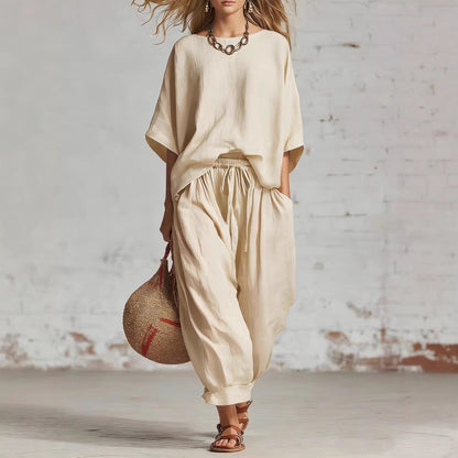 Women's Solid Color Loose Casual Set – T-Shirt & Ankle Pants FitiqueFit