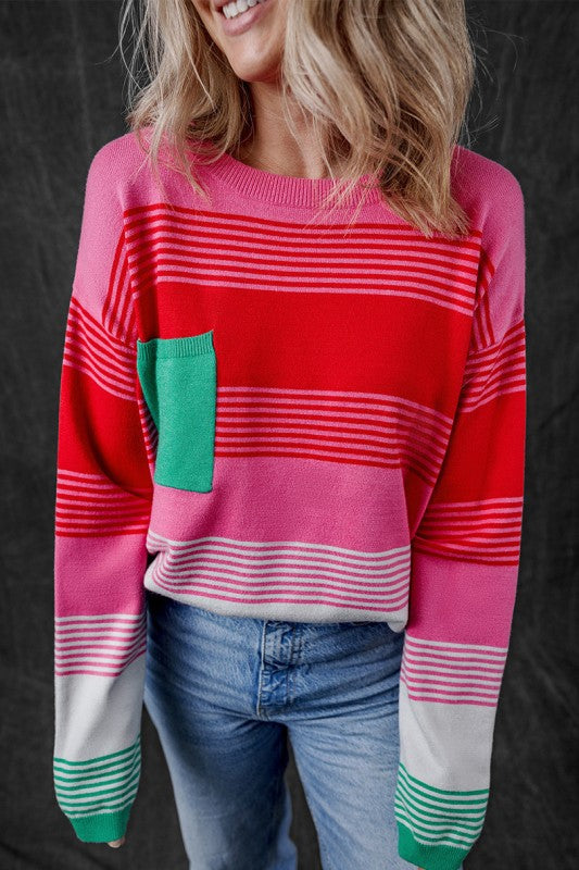 Striped Knit Patch Pocket Drop Shoulder Sweater Shop Style & More | Fresh Looks, Everyday Deals & Free Shipping
