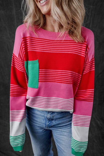 Striped Knit Patch Pocket Drop Shoulder Sweater Shop Style & More | Fresh Looks, Everyday Deals & Free Shipping