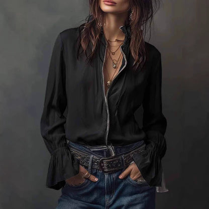 Women's Ruffled Sleeve Resort Shirt – Stretch Casual Long Blouse FitiqueFit
