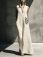 Women's Cotton Linen Mandarin Collar Maxi Dress – Graphic Print with Pockets FitiqueFit