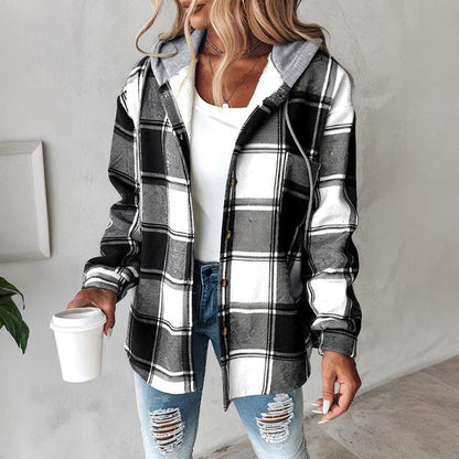 Women's Plaid Hoodie Long Sleeve Jacket With Pocket FitiqueFit