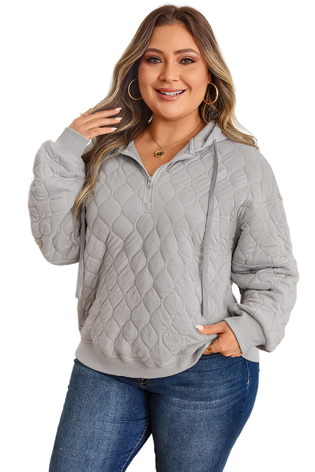 Gray Quilted Quarter Zip Plus Size Hoodie Garden Naked Curves