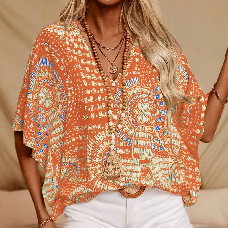 Mandala Print V-Neck Blouse – Casual Vacation Top FitiqueFit