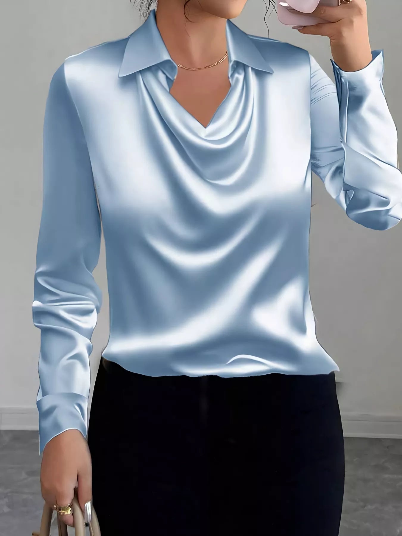 Satin Collared Neck Long Sleeve Blouse See size chart under “more details” The Fashion Celestial