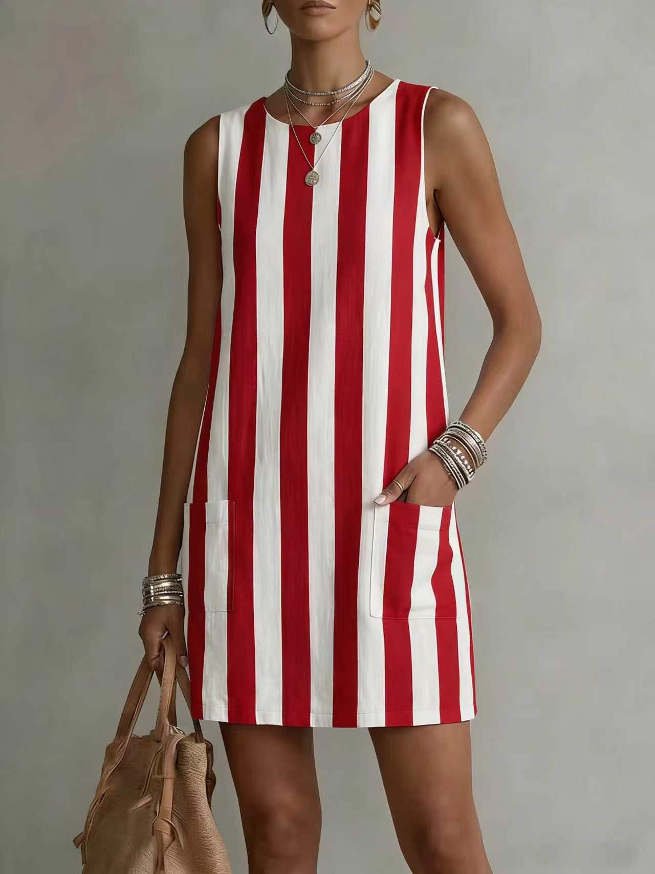 Women's Striped Color-Block Sleeveless Mini Dress – Loose Fit FitiqueFit