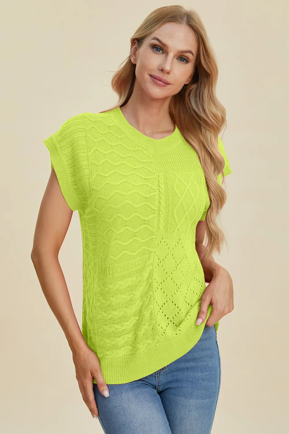 Double Take Full Size Cable-Knit Round Neck Cap Sleeve Sweater New Era Fashion LLc