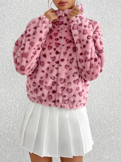 Leopard Zip Up Long Sleeve Furry Jacket New Era Fashion LLc