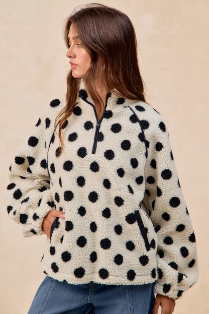 BiBi Polka Dot Sherpa Half Zip Up Top with Side Pocket FitiqueFit