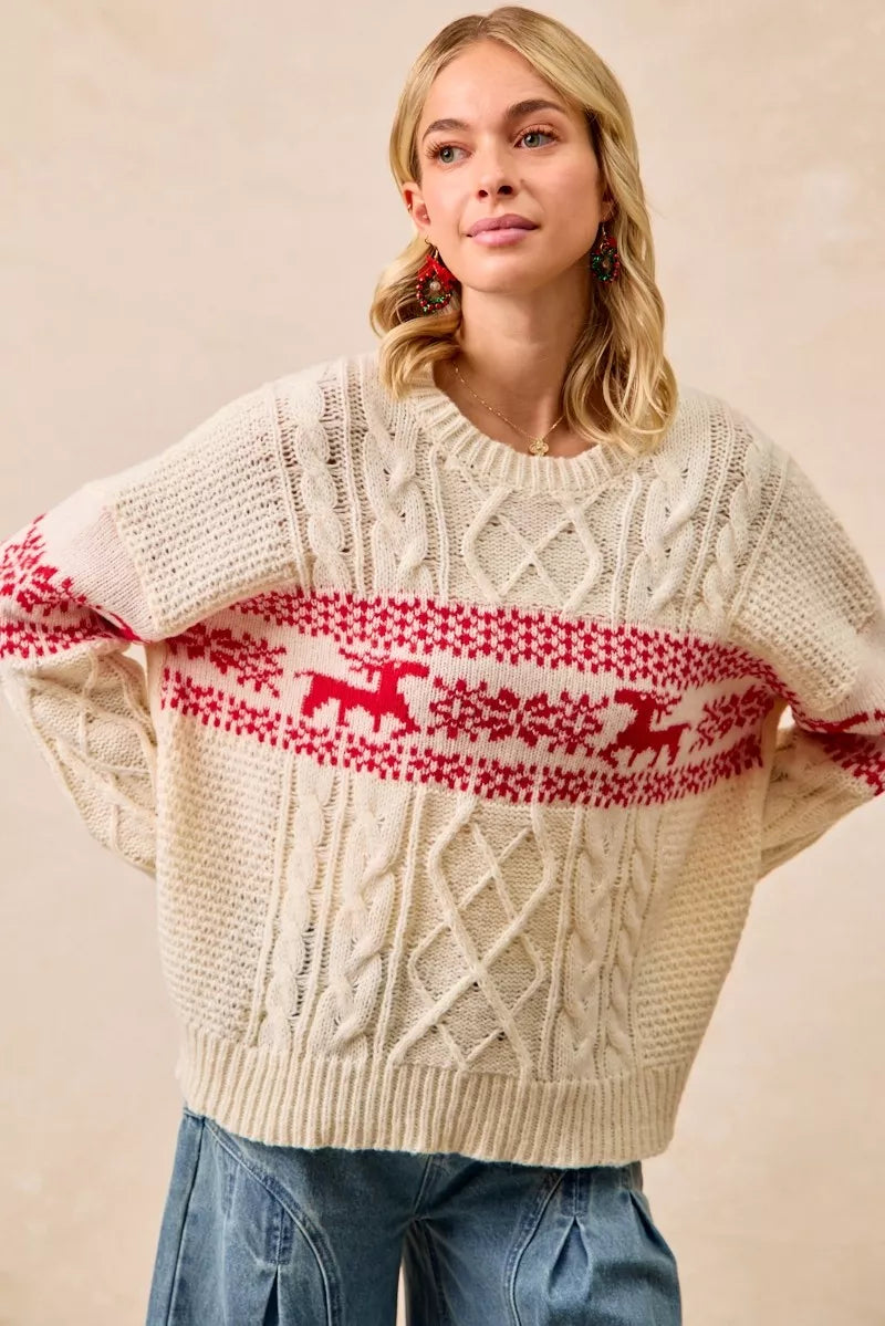 BiBi Christmas Theme Patterned Cable Knit Sweater FitiqueFit