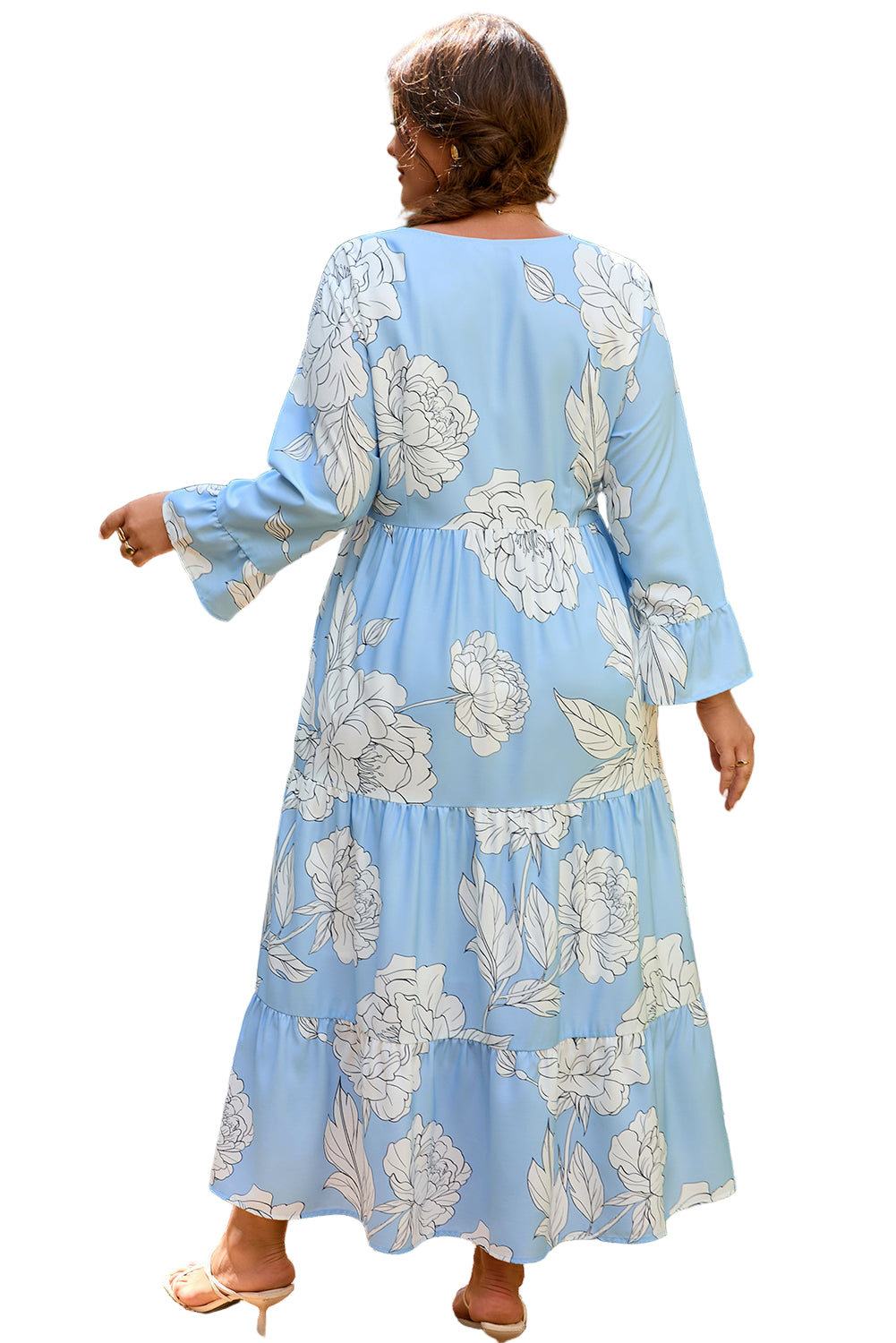 Sky Blue Floral Bracelet Sleeve V Neck Plus Size Tiered Maxi Dress Garden Naked Curves