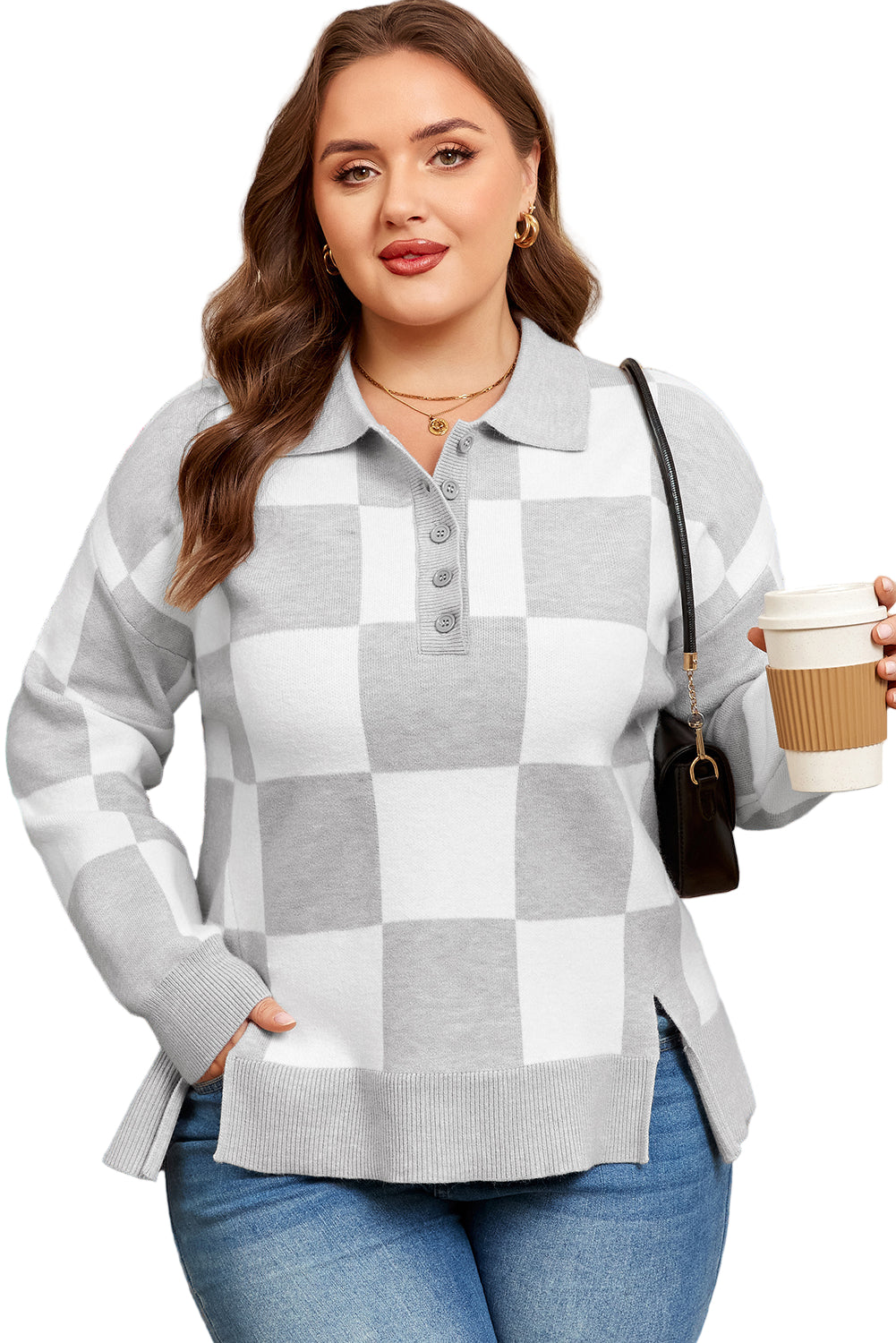 Gray Plus Size Checkered Pattern Button Polo Collar Split Sweater Garden Naked Curves