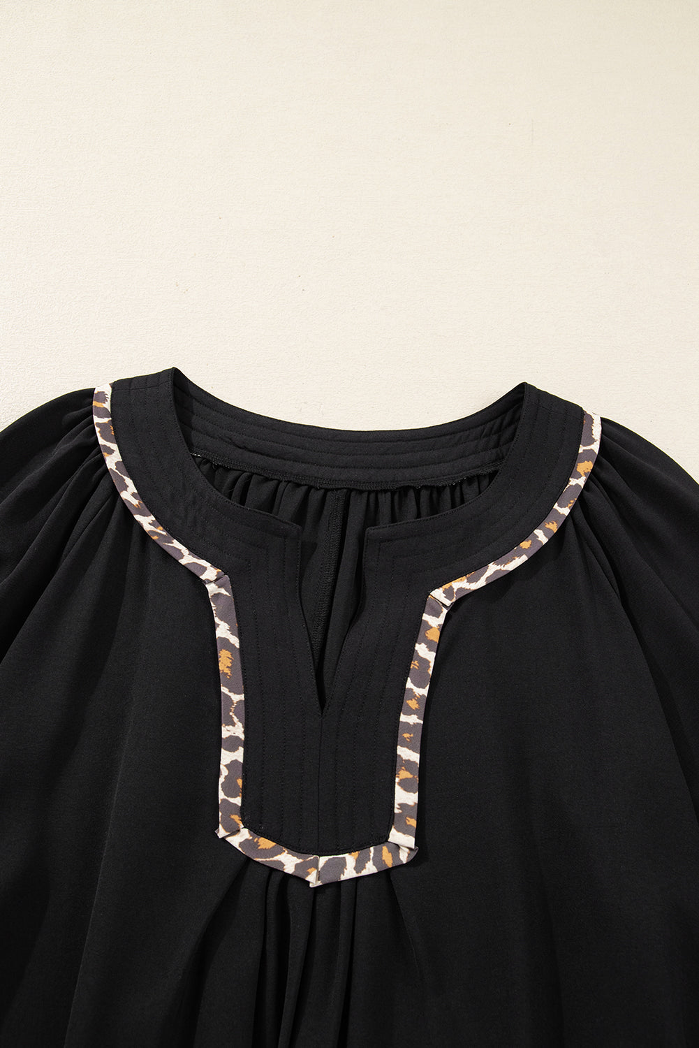 Black Plus Size Notched Neck Leopard Trim Flounce Long Sleeve Shift Dress Garden Naked Curves