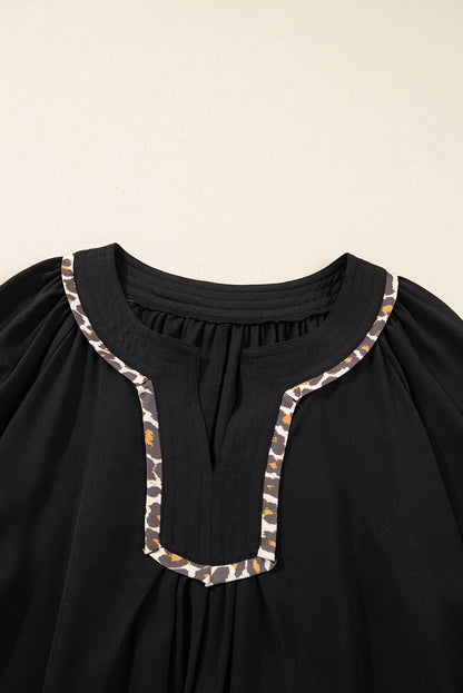 Black Plus Size Notched Neck Leopard Trim Flounce Long Sleeve Shift Dress Garden Naked Curves