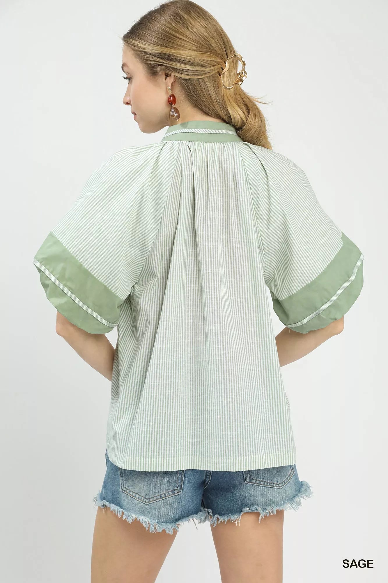 Umgee Striped Mixed Puff Sleeve Blouse Montret