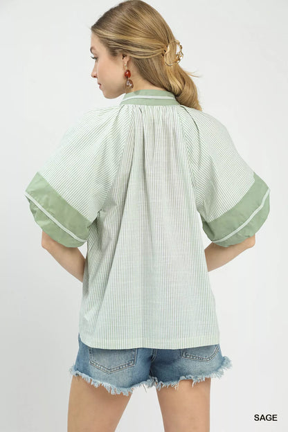 Umgee Striped Mixed Puff Sleeve Blouse Montret