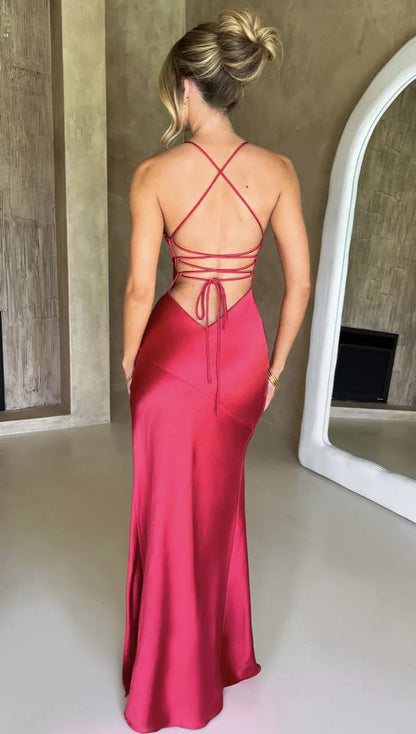 V-Neck Satin Split Maxi Dress